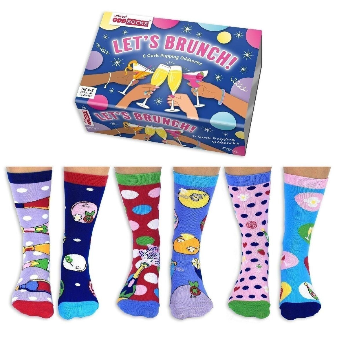 Coffret cadeau chaussettes Brunchons. 6 chaussettes impaires fun United Oddsocks, taille femme 37-42. Idée cadeau originale brunch, cocktail et anniversaire. United Oddsocks