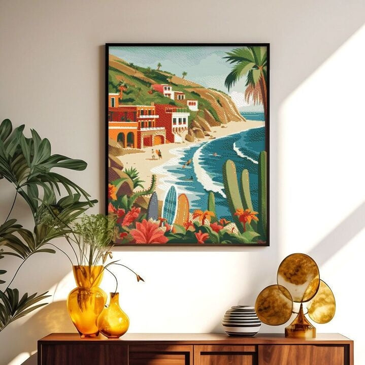 Broderie Diamant – Surf côtier 40x50cm sur châssis | Kit complet Figured'art