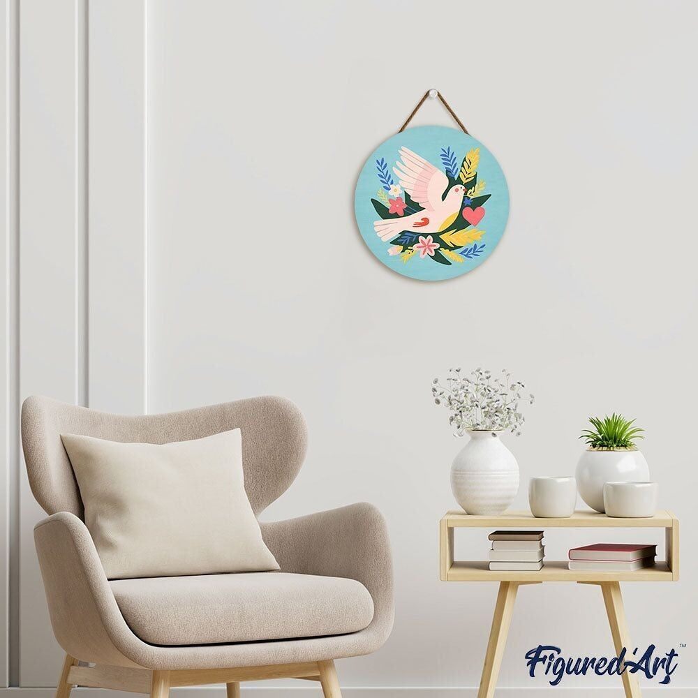 Peinture par Numéro – Oiseau & fleurs sur disque bois 30cm | Kit DIY Figured'art