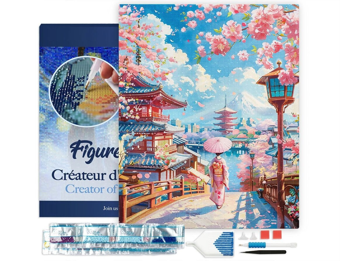 Broderie Diamant 40x50cm – Route des Cerisiers en Fleurs vers la Pagode | Kit Diamond Painting complet sur châssis Figured'art