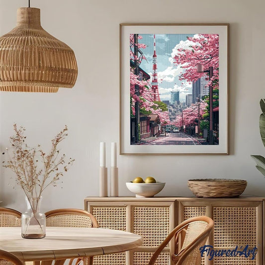 Broderie Diamant 40x50cm – Rue des Cerisiers en Fleurs à Tokyo | Kit Diamond Painting complet sur châssis Figured'art