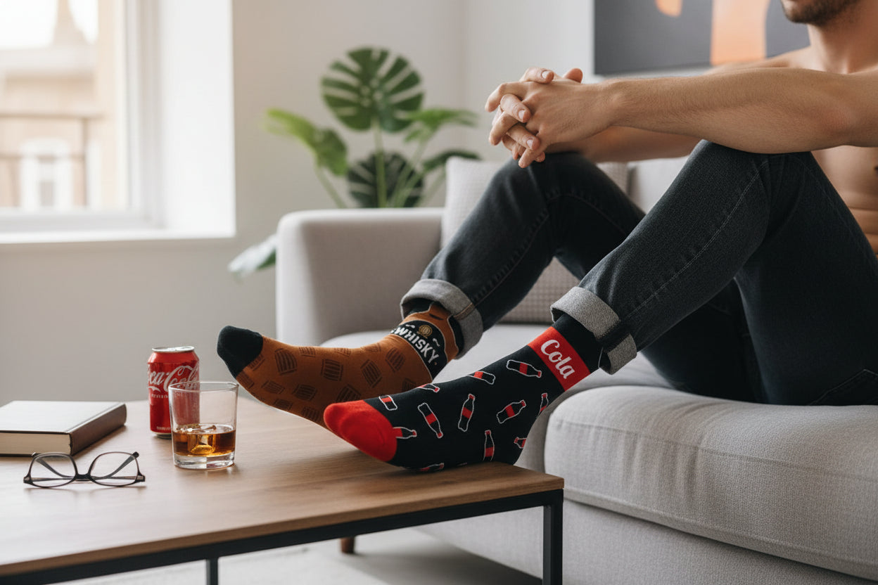 Chaussettes fantaisie Whisky Cola portées look décontracté adulte