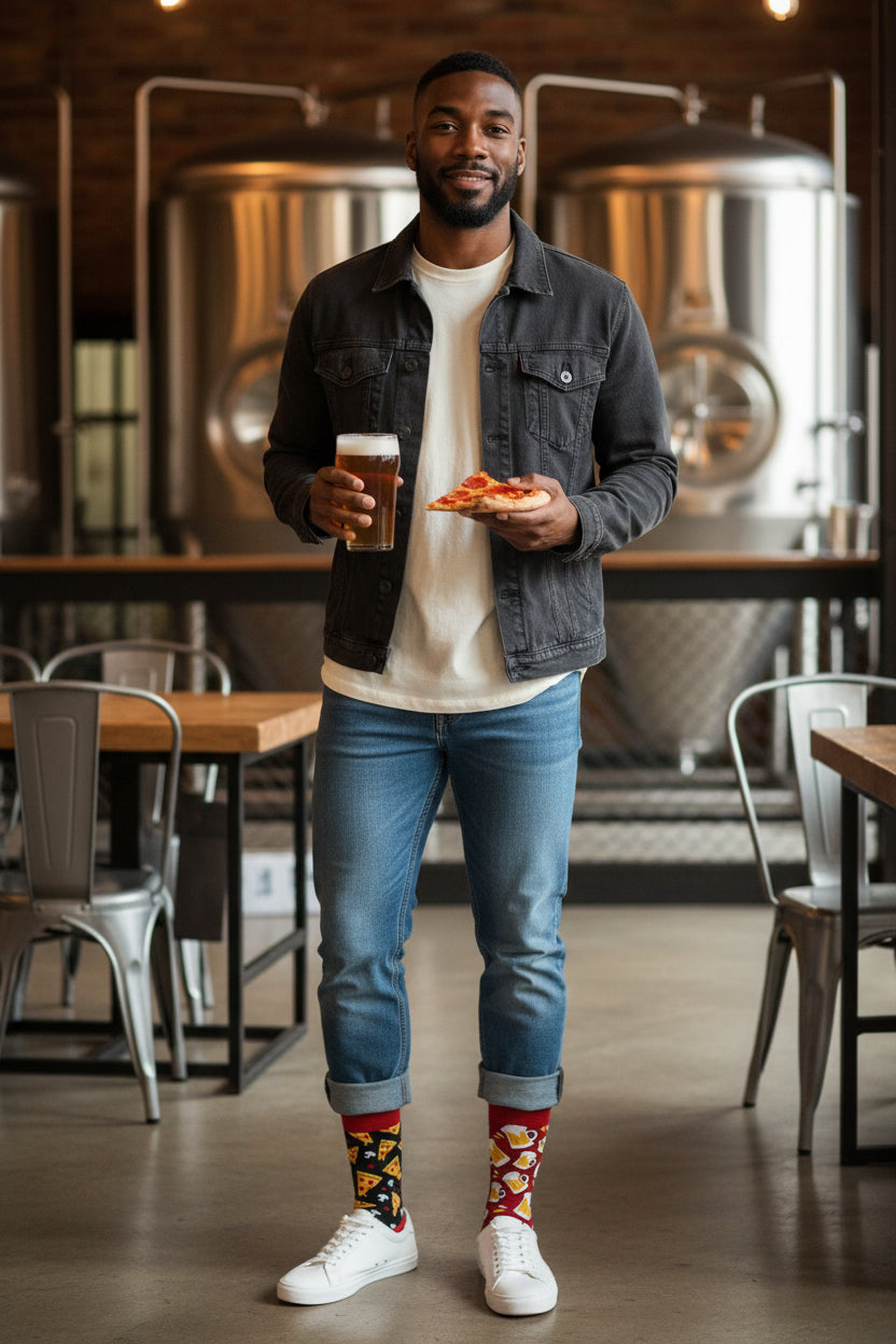 Chaussettes humour pizza bière présentées comme idée cadeau originale