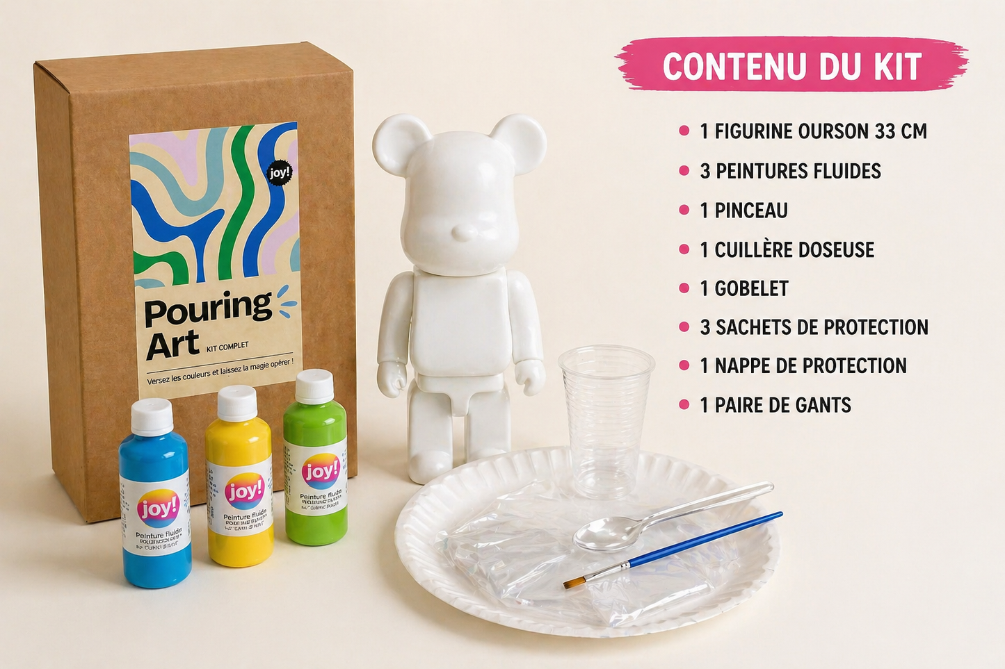 Kit anniversaire DIY Pouring Art Ourson Lego – Lot de 4 à 12 figurines à peindre JOY!
