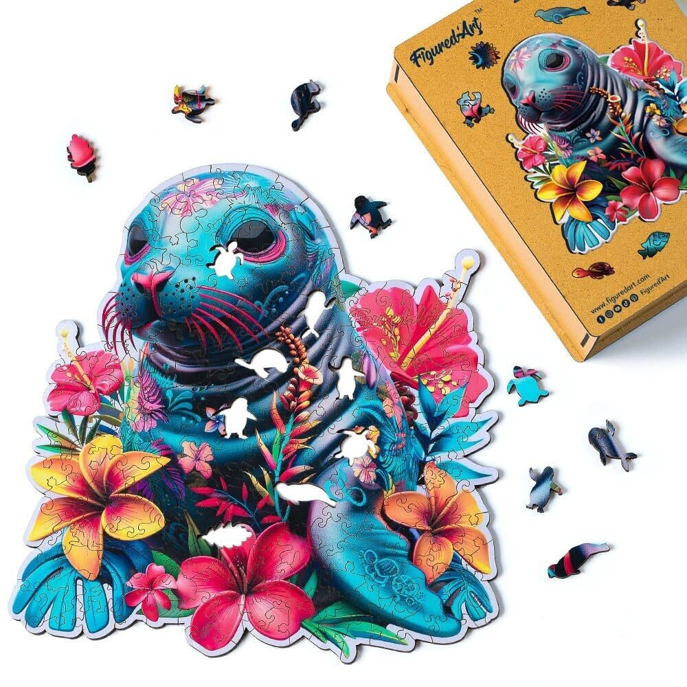 Puzzle 2D en Bois Adulte - Phoque et Fleurs Figured'art