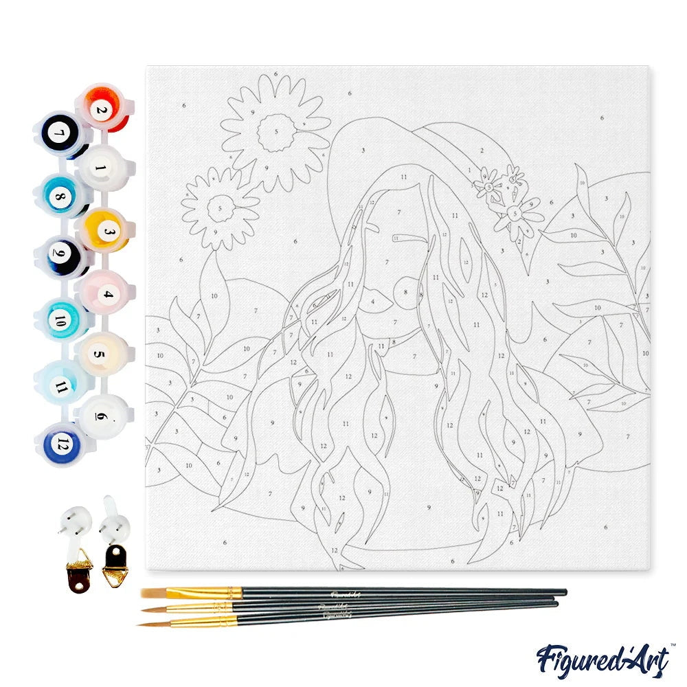 Mini Peinture par Numéros 20x20cm avec cadre Femme et Marguerites Figured'art