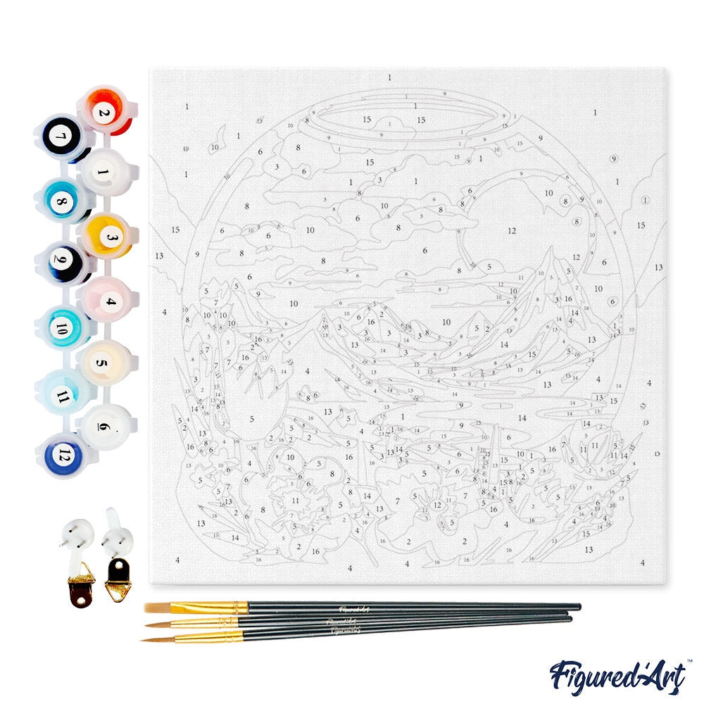 Mini Peinture par Numéros 20x20cm avec cadre Montagnes et boule de verre Figured'art