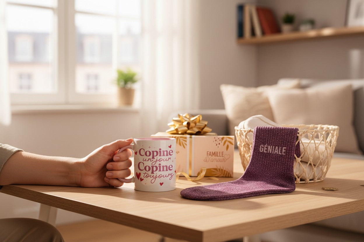 Coffret Cadeau Tasse & Chaussettes – Copine Géniale | Mug & Chaussettes Pailletées JOY!