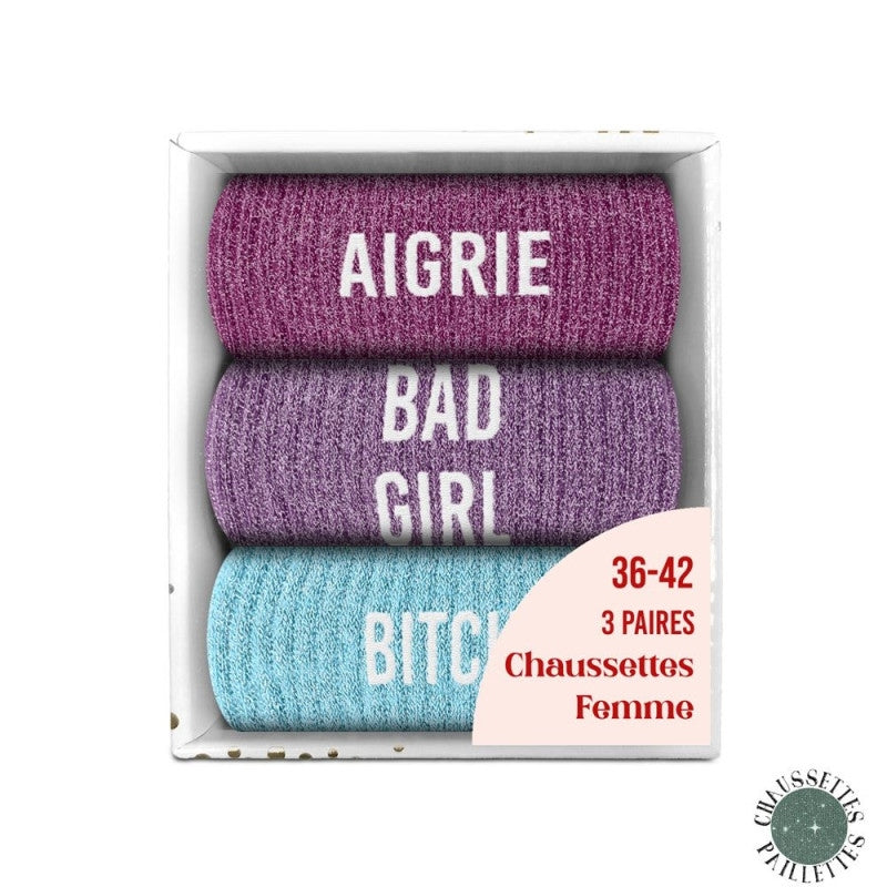 Lot De 3 Paires De Chaussettes à Paillettes - Motifs Baroudeuse, Passionnée, Audacieuse - Taille Unique