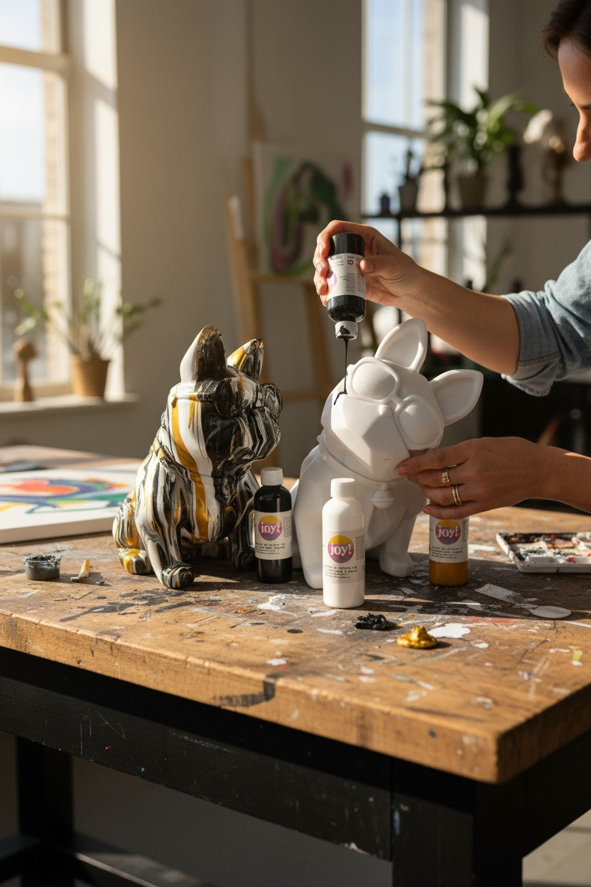 Kit DIY Pouring Art Bouldogue – Crée ton œuvre chez toi !Noir/Gold/Blanc JOY!