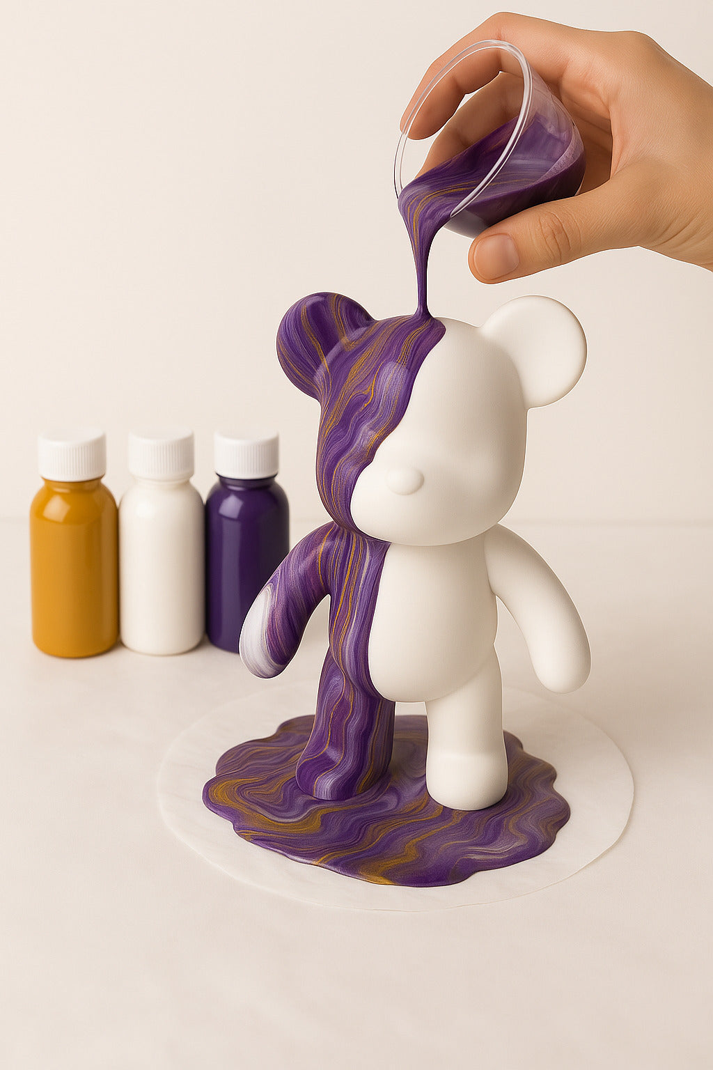 Kit de peinture pouring fluide art - Ours Teddy Bear Violet Blanc Or JOY!