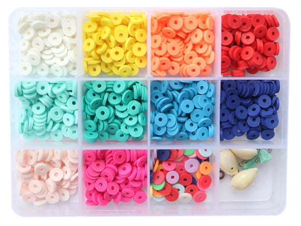 Assortiment de perles Heishi jaune kaki bleu rose bordeaux noir et blanc