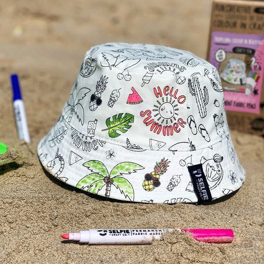 Chapeau de plage réversible Tropicorn à colorier – Kit créatif enfant 100% coton Selfie Craft Co