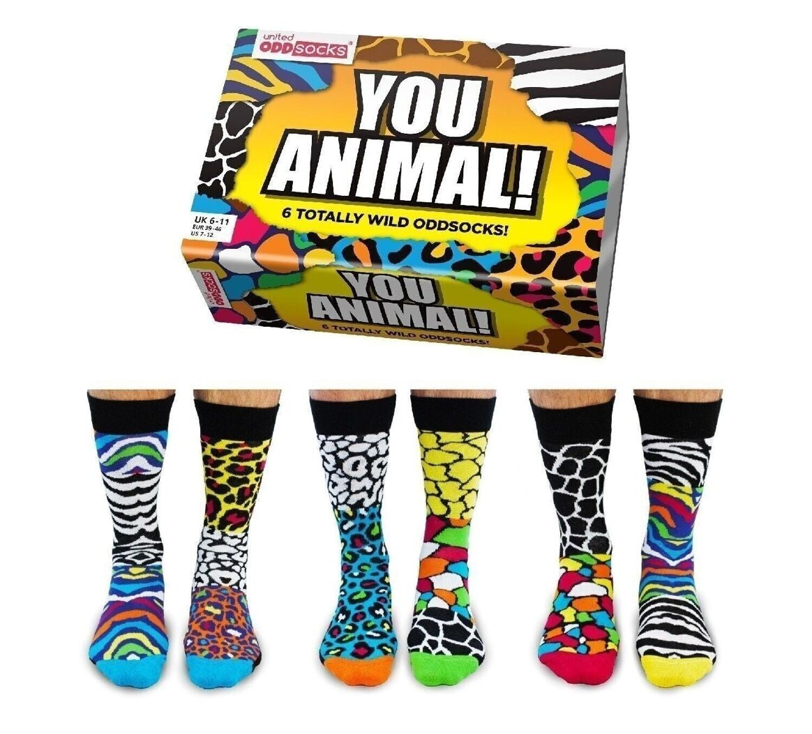 YOU ANIMAL ! | Coffret Cadeau 6 Chaussettes Impaires Imprimé Animal – United Oddsocks | Taille 39-46