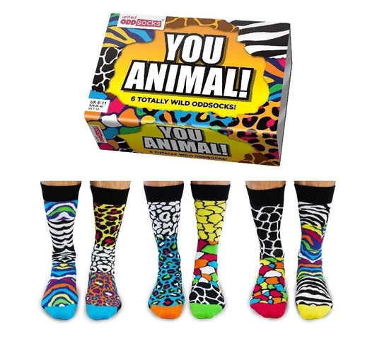 YOU ANIMAL ! | Coffret Cadeau 6 Chaussettes Impaires Imprimé Animal – United Oddsocks | Taille 39-46