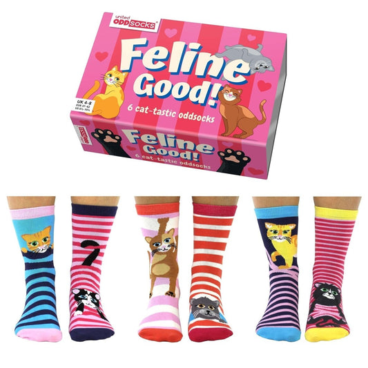 BON FÉLIN | Coffret Cadeau Chaussettes Impaires Chat – 6 Chaussettes Fantaisie | United Oddsocks | Taille 37-42