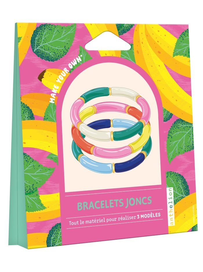 Trois bracelets joncs colorés à réaliser avec des perles tubes et intercalaires