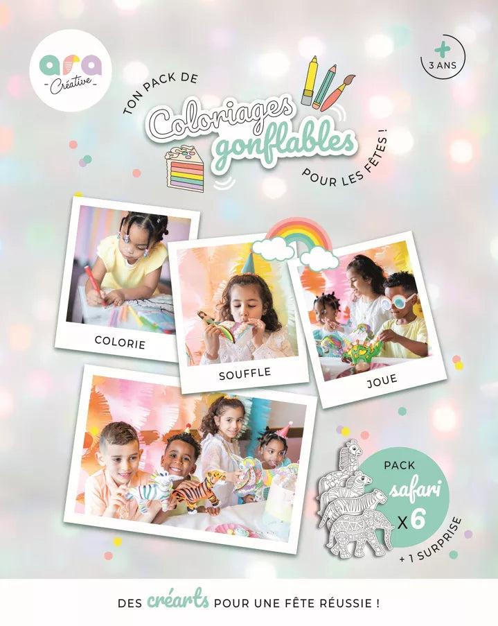 Pack Anniversaire Safari - x8 Coloriages gonflables ( zèbres, girafes, éléphants & tigres)