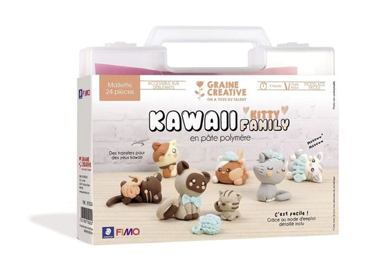 Mallette FIMO Kawaii Kitty Family Graine Créative. Coffret complet pour créer des figurines chats kawaii en pâte polymère.