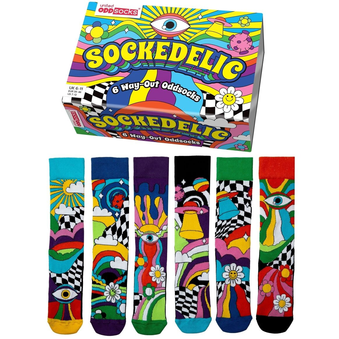 SOCKÉDÉLIC | Coffret Cadeau 6 Chaussettes Impaires Colorées – United Oddsocks | Taille 39-46