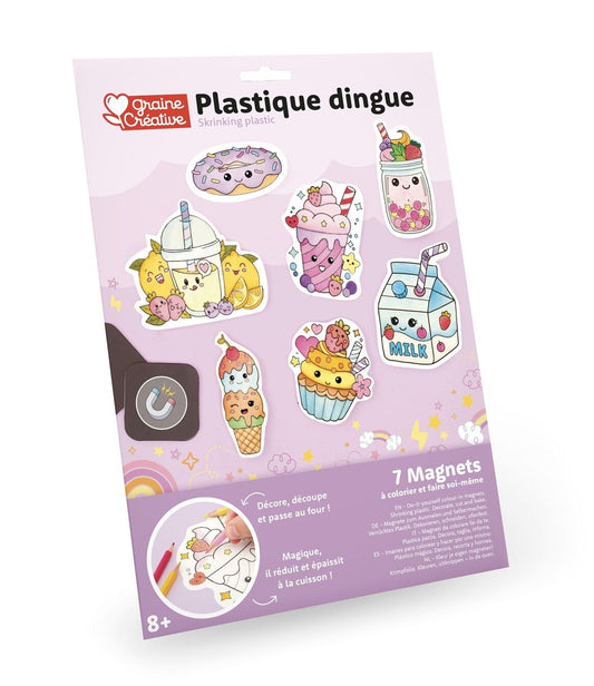 Kit Plastique Dingue Magnets Kawaï Graine Créative. Coffret complet pour créer 7 aimants à colorier.
