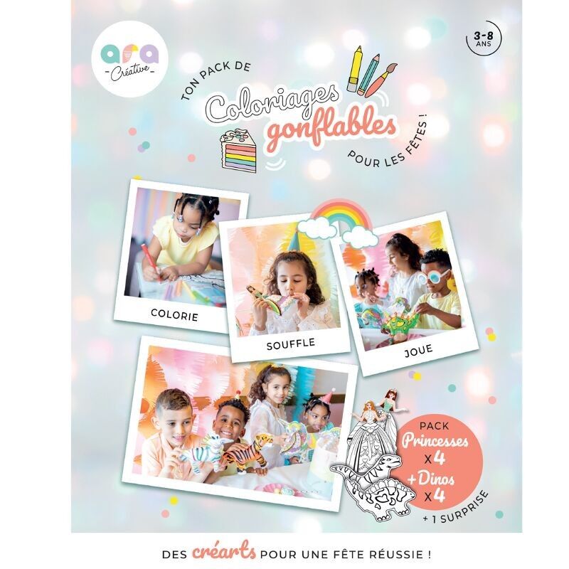 Pack Anniversaire mixte - x8 (princesses & dinosaures) Coloriages Gonflables