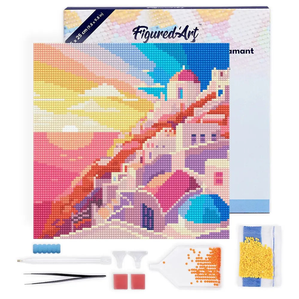 Mini Peinture diamant avec cadre Coucher de Soleil Santorin Figured'art