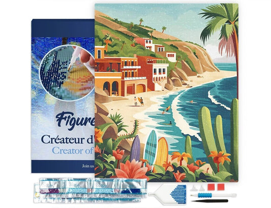 Broderie Diamant – Surf côtier 40x50cm sur châssis | Kit complet Figured'art