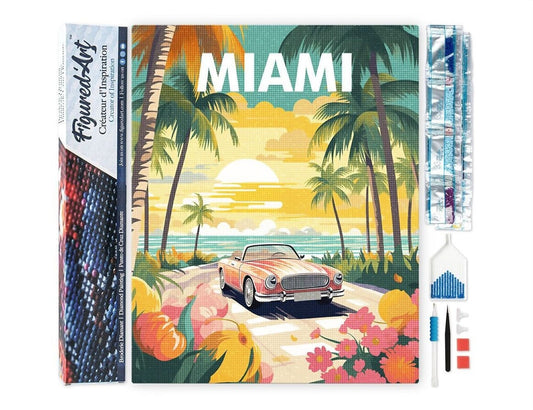 Broderie Diamant – Affiche de Voyage Miami au Coucher du Soleil | Kit Complet 40x50 cm