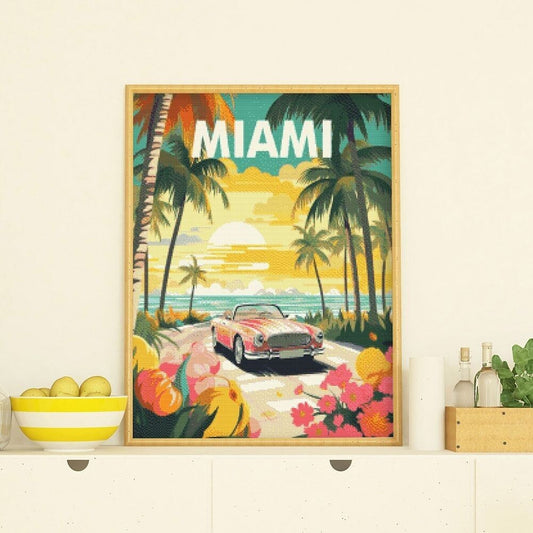 Broderie Diamant – Affiche de Voyage Miami au Coucher du Soleil | Kit Complet 40x50 cm