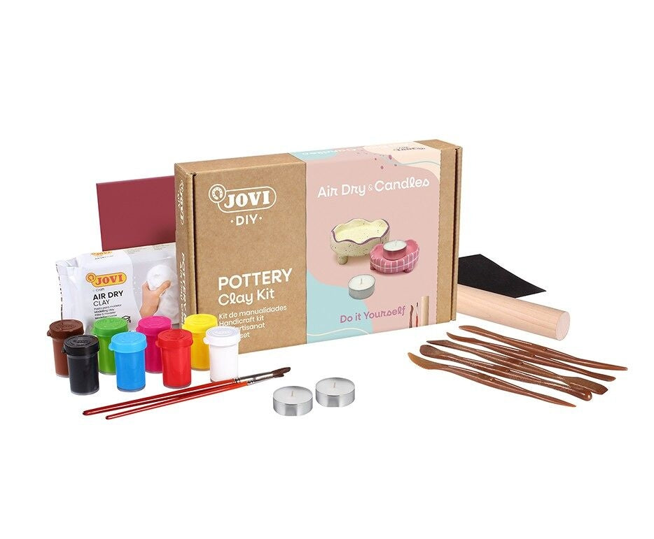 Jovi - DIY Bougeoirs Air Dry | Kit créatif pour fabriquer 2 bougeoirs avec argile autodurcissante + bougies  peintures