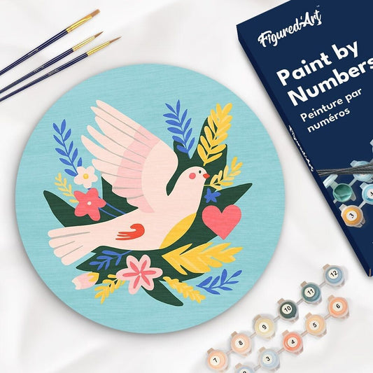 Peinture par Numéro – Oiseau & fleurs sur disque bois 30cm | Kit DIY Figured'art