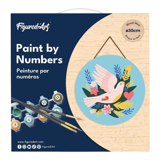 Peinture par Numéro – Oiseau & fleurs sur disque bois 30cm | Kit DIY Figured'art