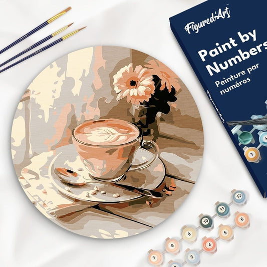 Peinture par Numéro sur Disque en Bois – Café du matin | Kit Créatif DIY Décoration Murale