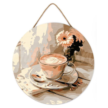 Peinture par Numéro sur Disque en Bois – Café du matin | Kit Créatif DIY Décoration Murale