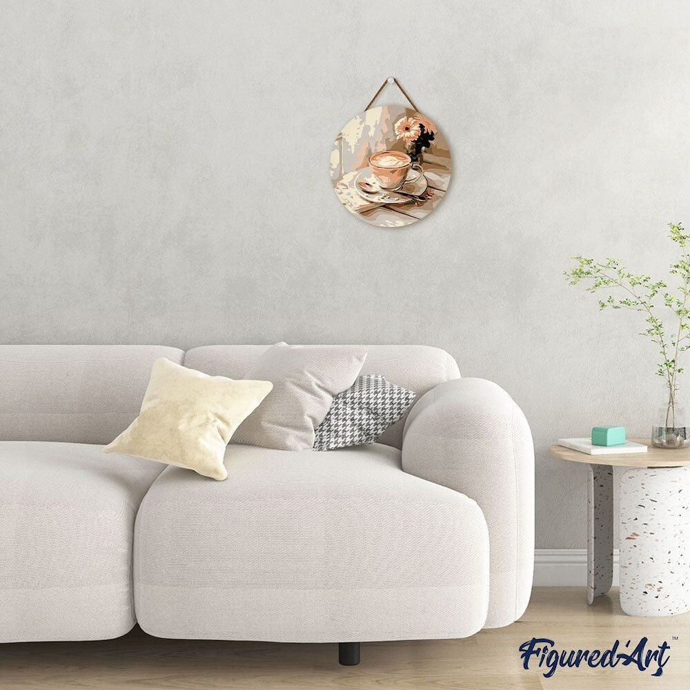 Peinture par Numéro sur Disque en Bois – Café du matin | Kit Créatif DIY Décoration Murale