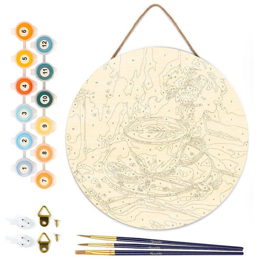 Peinture par Numéro sur Disque en Bois – Café du matin | Kit Créatif DIY Décoration Murale