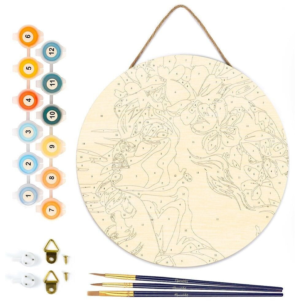 Peinture par Numéro sur Disque en Bois – Femme florale | Kit DIY Décoration Murale Créative