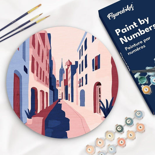 Peinture par Numéro – Ruelle 30cm sur disque bois | Kit DIY complet Figured'art