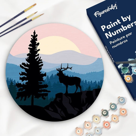 Peinture par Numéro sur Disque en bois - Cerf majestueux et Paysage Figured'art