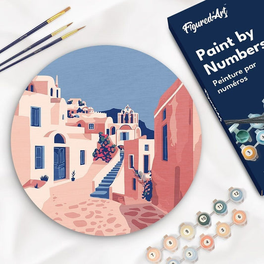 Peinture par Numéro – Santorin 30cm sur disque bois | Kit DIY Figured'art