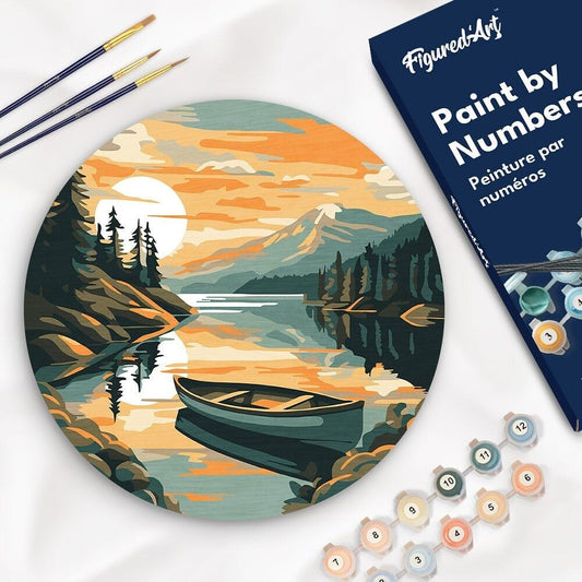Peinture par Numéro – Lac & canoë sur disque bois 30cm | DIY relaxant Figured'art