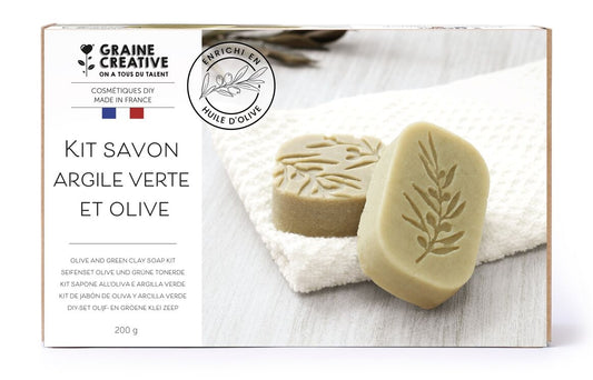 Kit DIY Savon Olive & Argile Verte – Graine Créative. Coffret complet Made in France pour fabriquer ses savons maison.