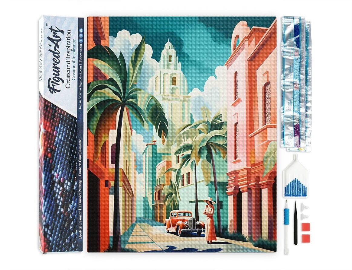 Broderie Diamant - Cuba Art Déco | Toile 40x50 cm avec diamants carrés Figured'art