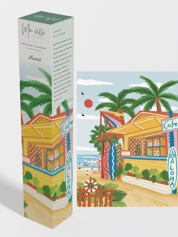 Peinture en Diamant – Hawaï Plage Café 30x40 cm – Kit Complet Diamond Painting