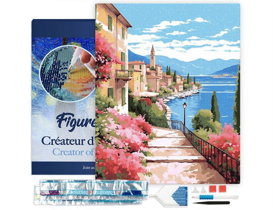 Broderie Diamant - lac de Côme en fleurs 40x50cm toile tendue sur châssis