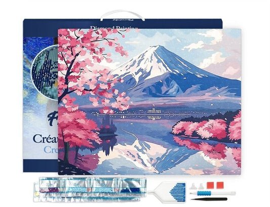 Broderie Diamant 5D – Mont Fuji et Lac aux Cerisiers en Fleurs – Toile 40x50cm sur Châssis Bois