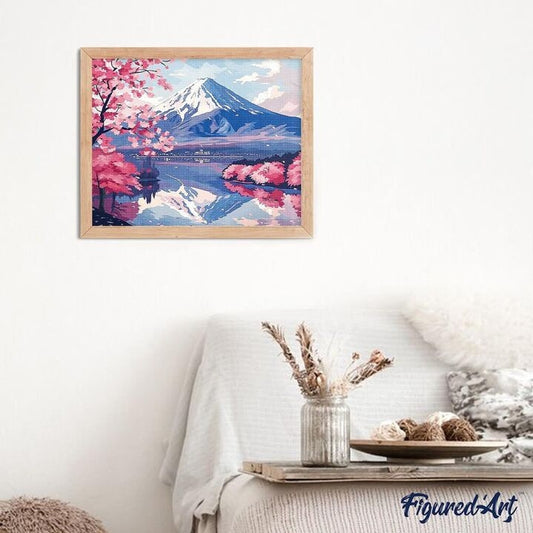 Broderie Diamant 5D – Mont Fuji et Lac aux Cerisiers en Fleurs – Toile 40x50cm sur Châssis Bois
