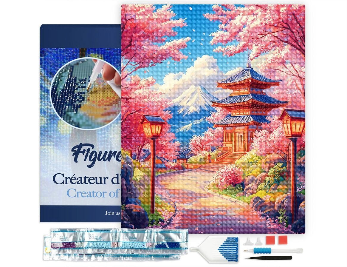 Broderie Diamant 40x50cm – Route des Cerisiers en Fleurs vers la Pagode | Kit Diamond Painting complet sur châssis Figured'art
