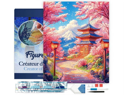 Broderie Diamant 40x50cm – Route des Cerisiers en Fleurs vers la Pagode | Kit Diamond Painting complet sur châssis Figured'art
